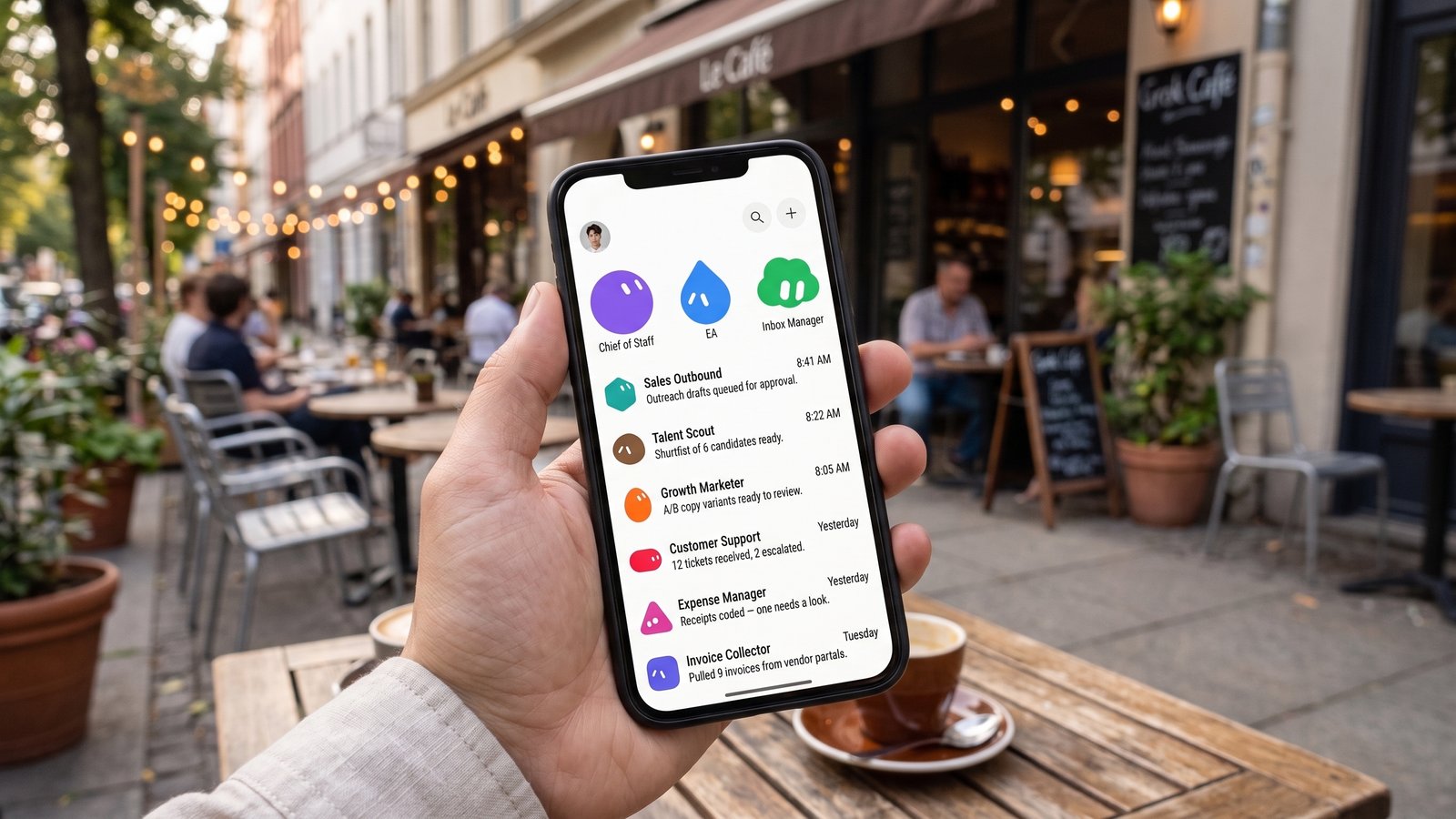 Hand holding a phone at a sidewalk café, showing a Grok Bot team of AI assistants with status updates