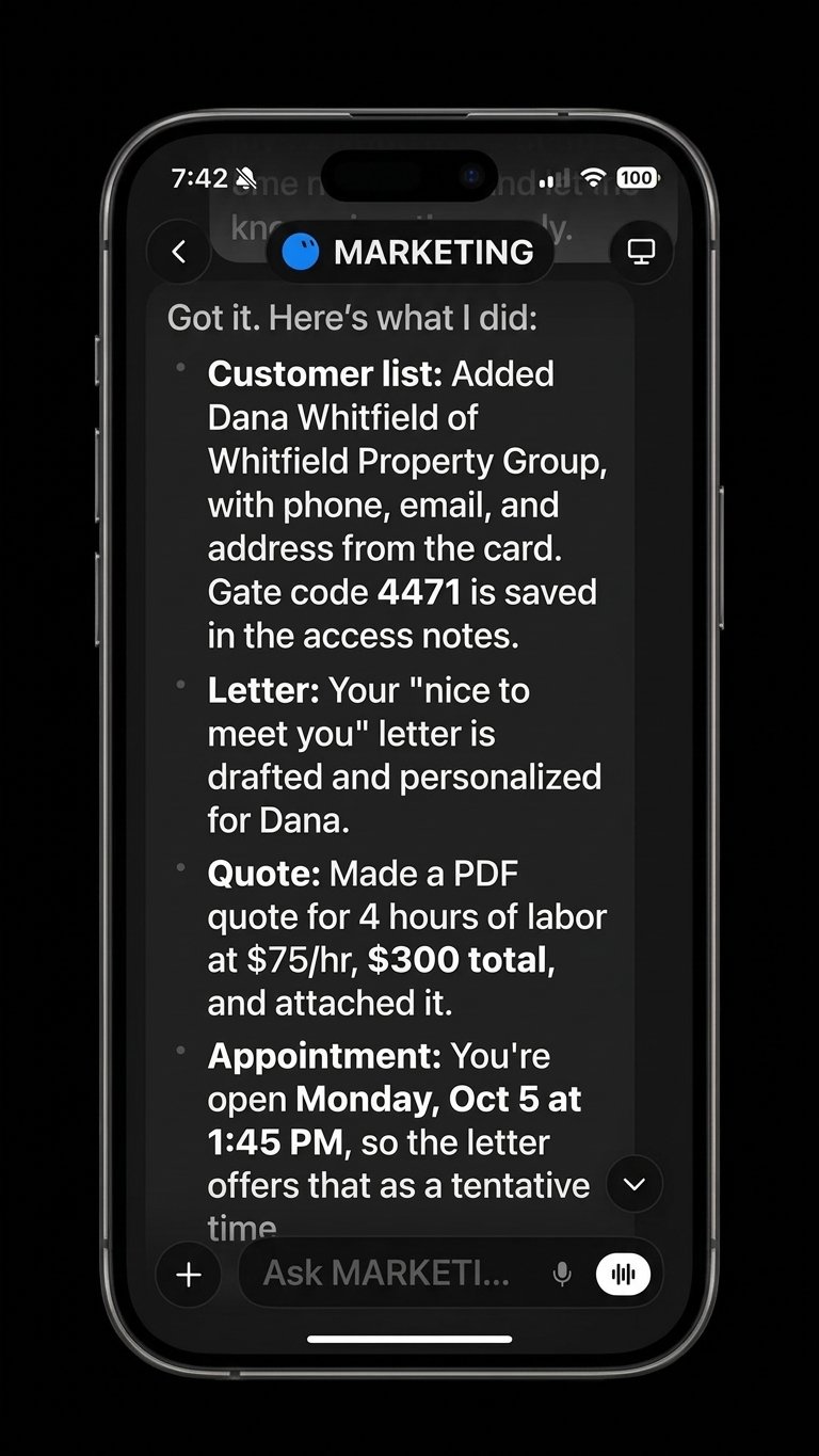 The assistant’s reply: customer added, letter drafted, $300 quote attached, and a Monday 1:45 PM appointment offered