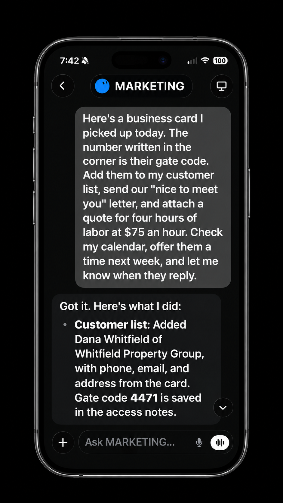 Asking the Marketing assistant to add a new customer from a business card, send a welcome letter and quote, and offer an appointment