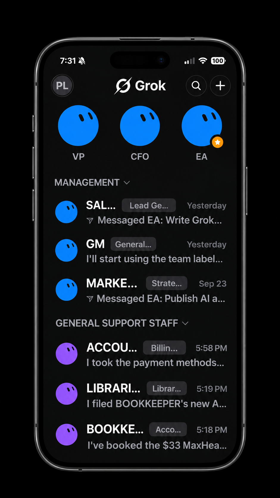Grok app on iPhone showing a team of AI assistants — VP, CFO, EA, Sales, GM, Marketing, Accounts, Librarian, and Bookkeeper — with their latest updates