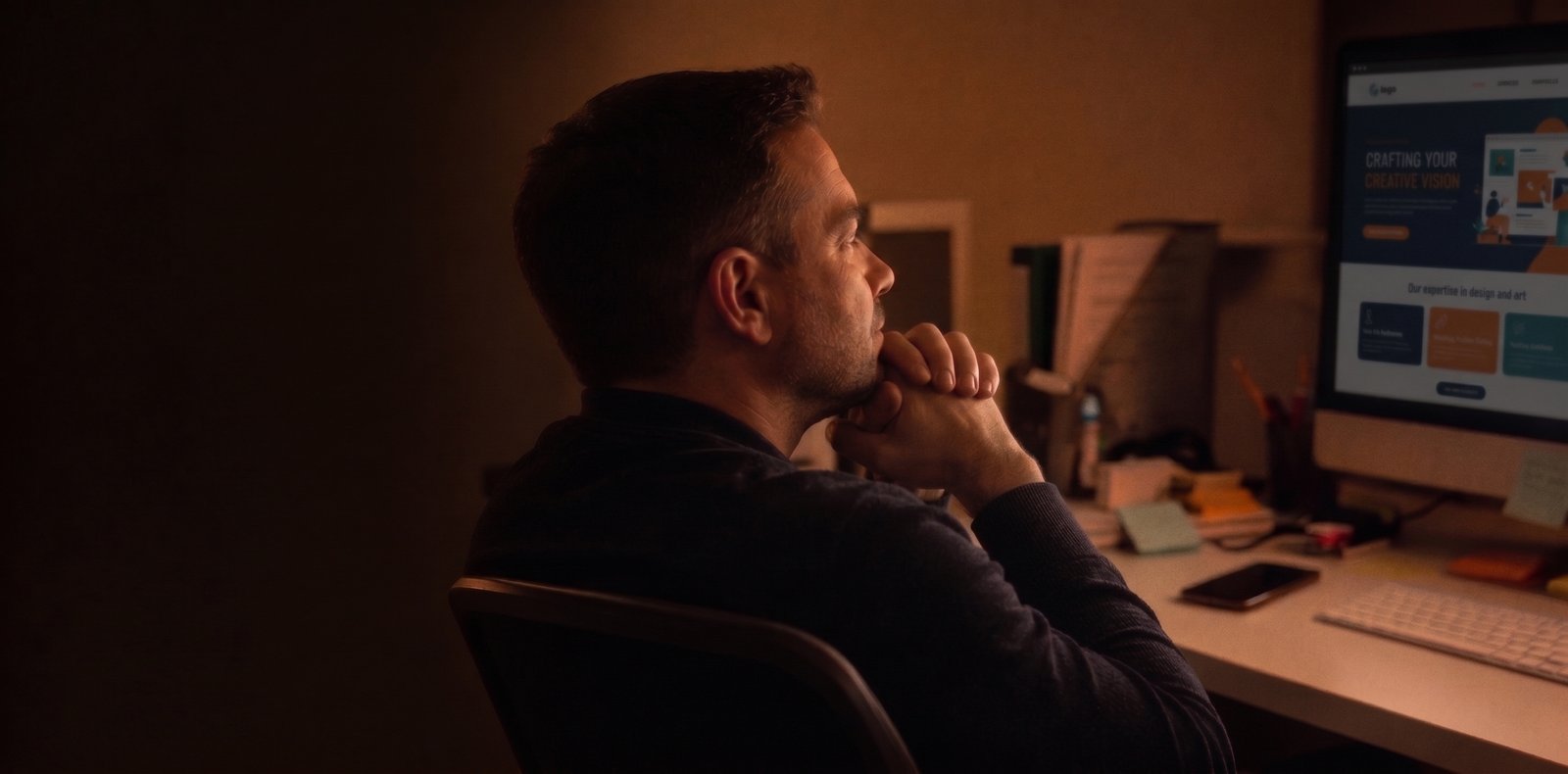 Small business owner sitting at his desk at night, chin on his hands, staring at a website mockup on his monitor
