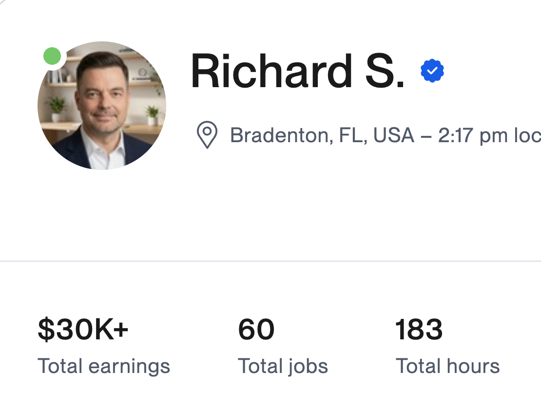 Rick’s verified Upwork profile: Richard S., Bradenton, FL — $30K+ total earnings, 60 total jobs, 183 total hours
